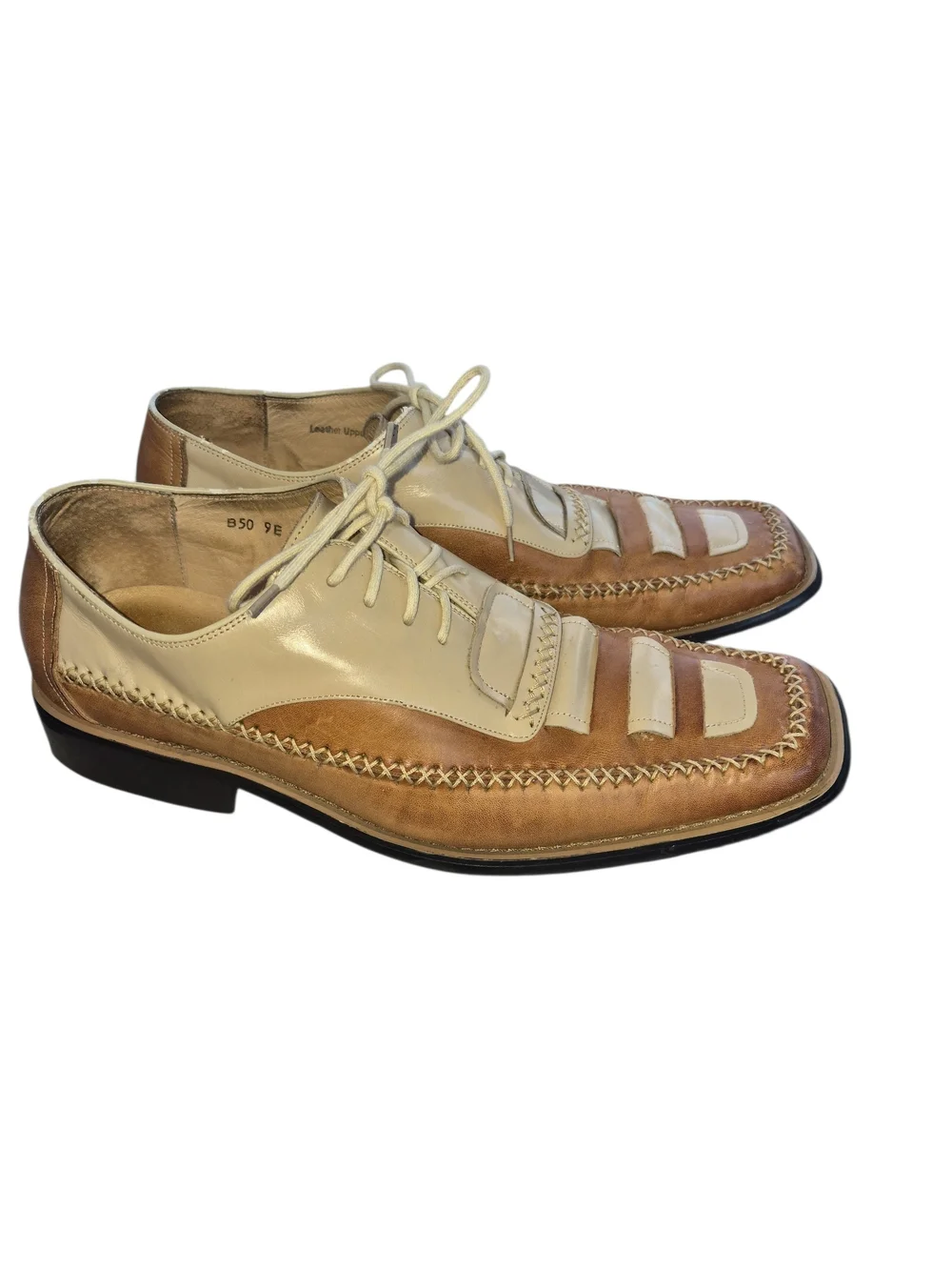 Men's Two-Tone Cream and Tan Leather Lace-Up Oxfords